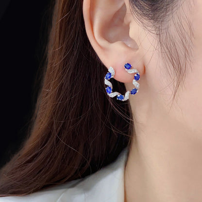 FIICCI Natural Diamond And Royal Blue Sapphire Circle Earrings In 18K White Gold