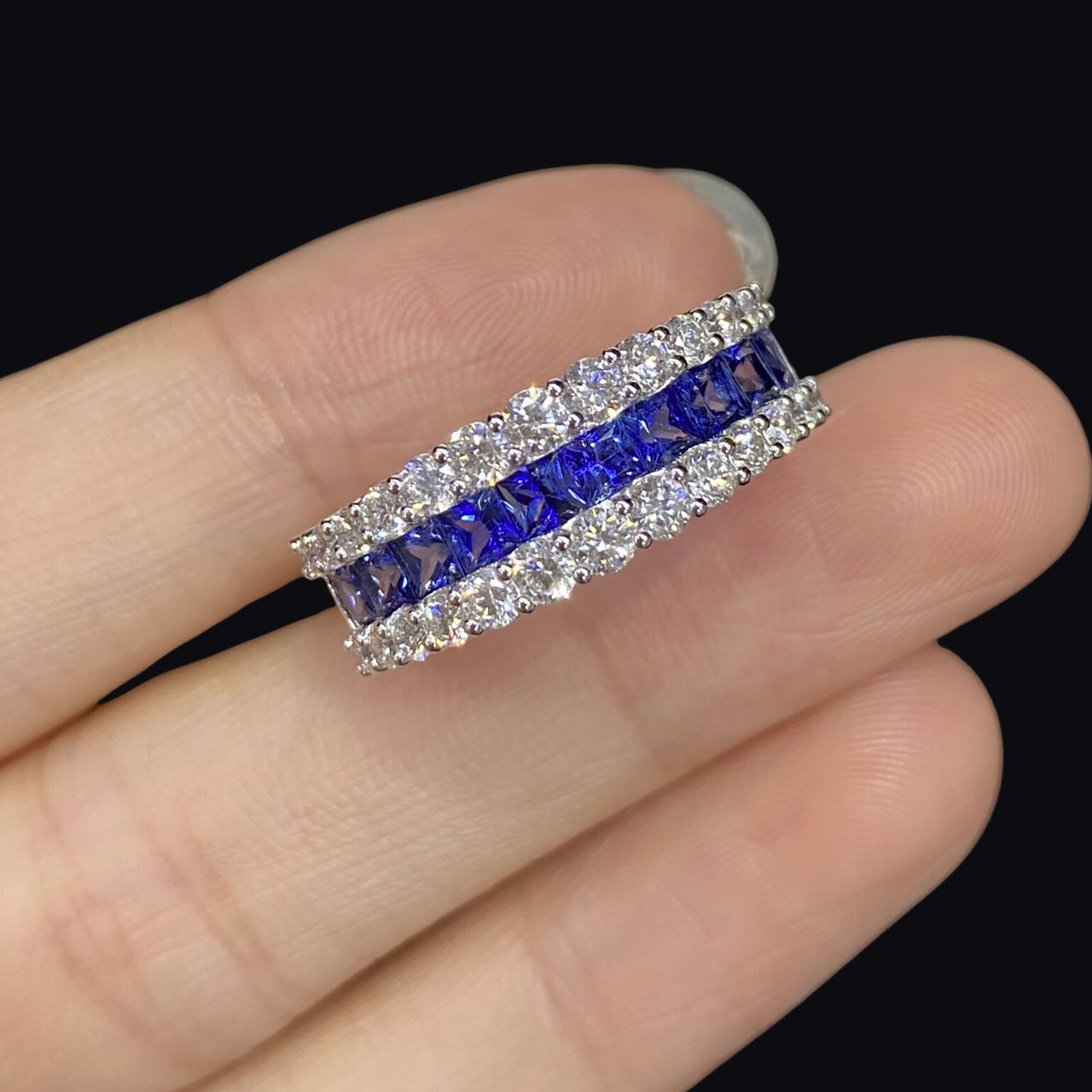 FIICCI Antique Princess Cut Royal Blue Sapphire And Diamond Wedding Band In 18K White Gold