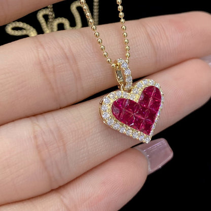 FIICCI Natural Diamond And Invisible Set heart Shape Ruby  In 18K Yellow Gold Necklace