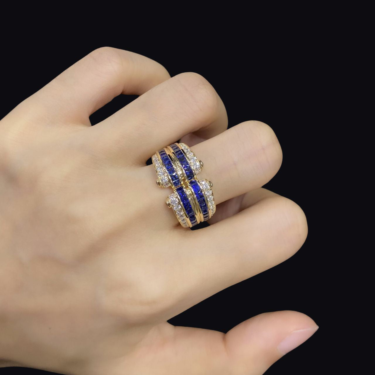 FIICCI Antique Princess Cut Royal Blue Sapphire And Diamond Ring In 18K Yellow Gold