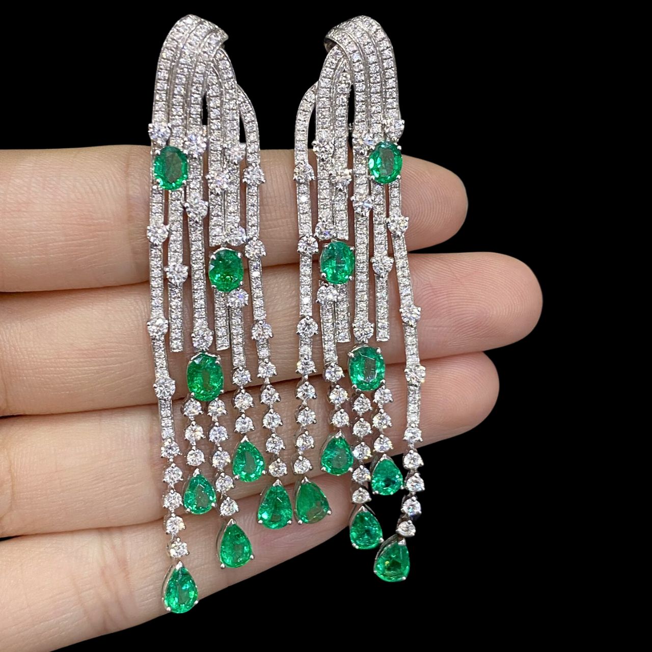 FIICCI Natural Diamond And Emerald Fringe Earrings In 18K White Gold