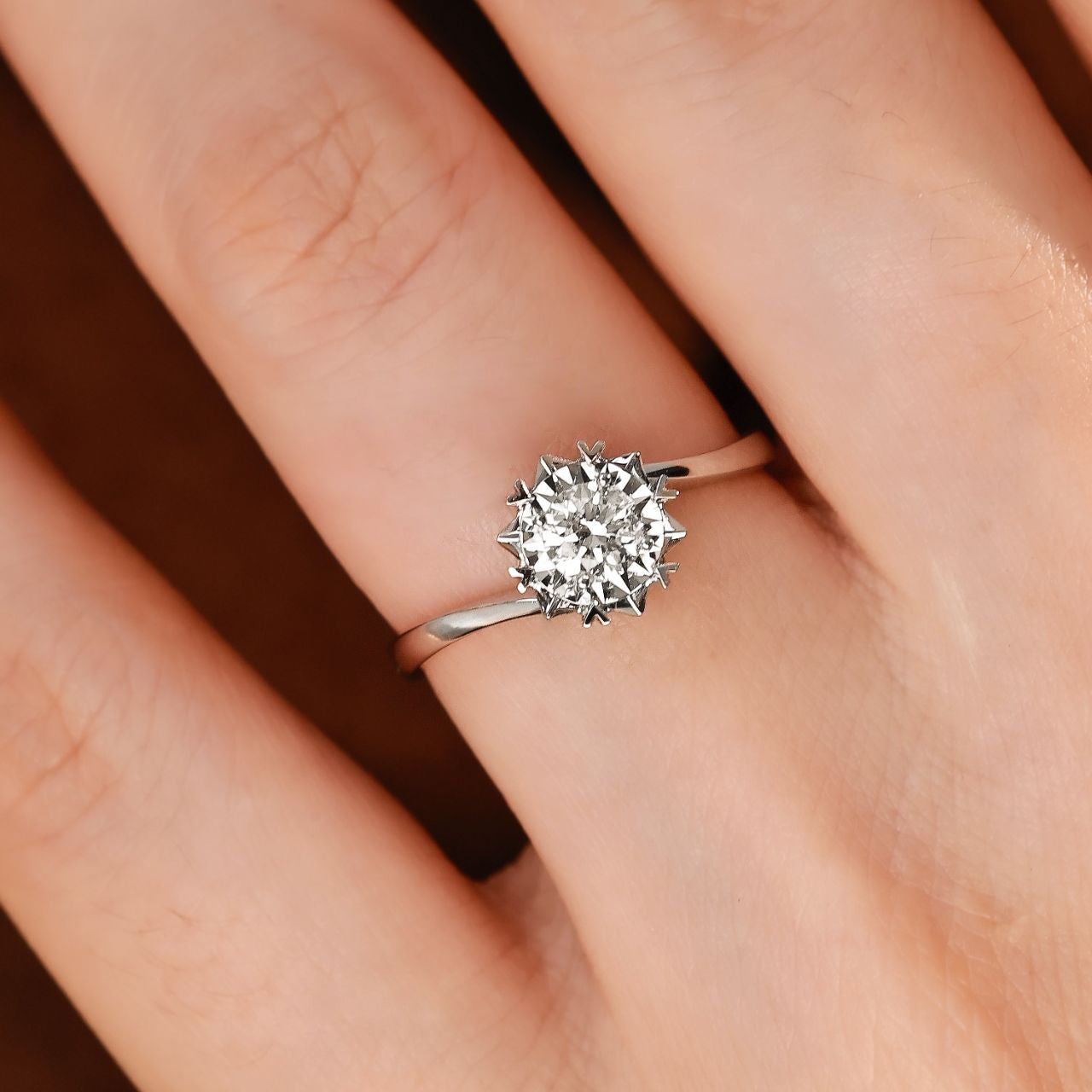 FIICCI Natural Diamond Snow Flake Engagement Ring 0.3ct Round 18K White Gold