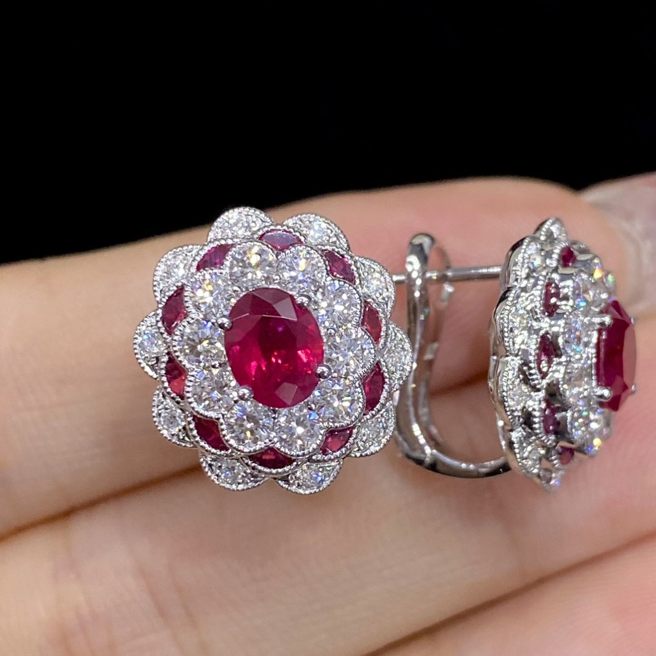 FIICCI Antique Natural Diamond And Ruby Earrings In 18K White Gold