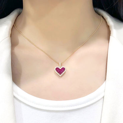 FIICCI Natural Diamond And Invisible Set heart Shape Ruby  In 18K Yellow Gold Necklace