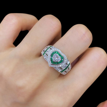 FIICCI Natural Heart Shape Diamond And Emerald In 18K White Gold Ring