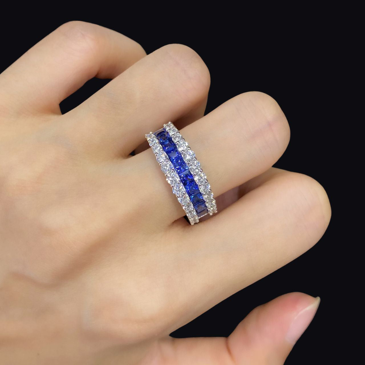 FIICCI Antique Princess Cut Royal Blue Sapphire And Diamond Wedding Band In 18K White Gold