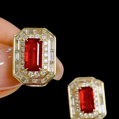 FIICCI Natural Diamond And Passion Ruby Earrings In 18K Yellow Gold