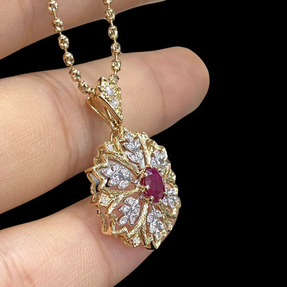 FIICCI Antique Flower Natural Ruby & Diamond In 18K Gold Necklace