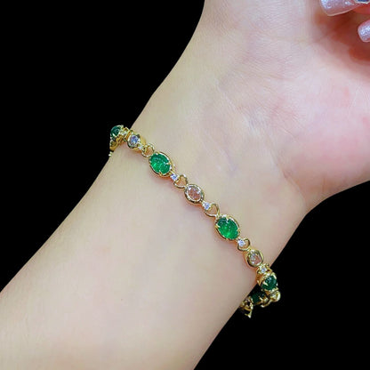 FIICCI Art Deco Cabochon Vivid Green Emerald And Diamond In 18K Yellow Gold Bracelate