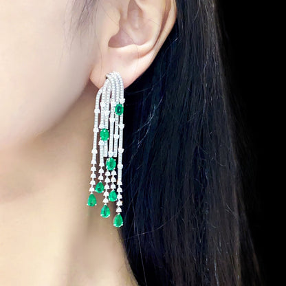 FIICCI Natural Diamond And Emerald Fringe Earrings In 18K White Gold