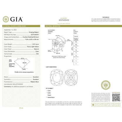 GIA Certified Fancy Light Yellow Diamond - 2.01 carats - Cushion Cut - 7.38 x 6.6 mm