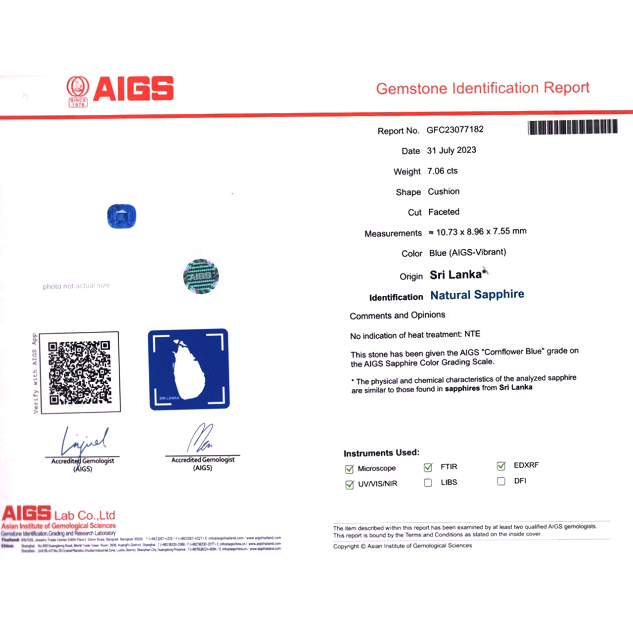 Unheated Blue Sapphire - Cornflower Blue Cushion Cut - Low Price - 7.06 carats - 10.73 x 8.96 mm - AIGS Certified