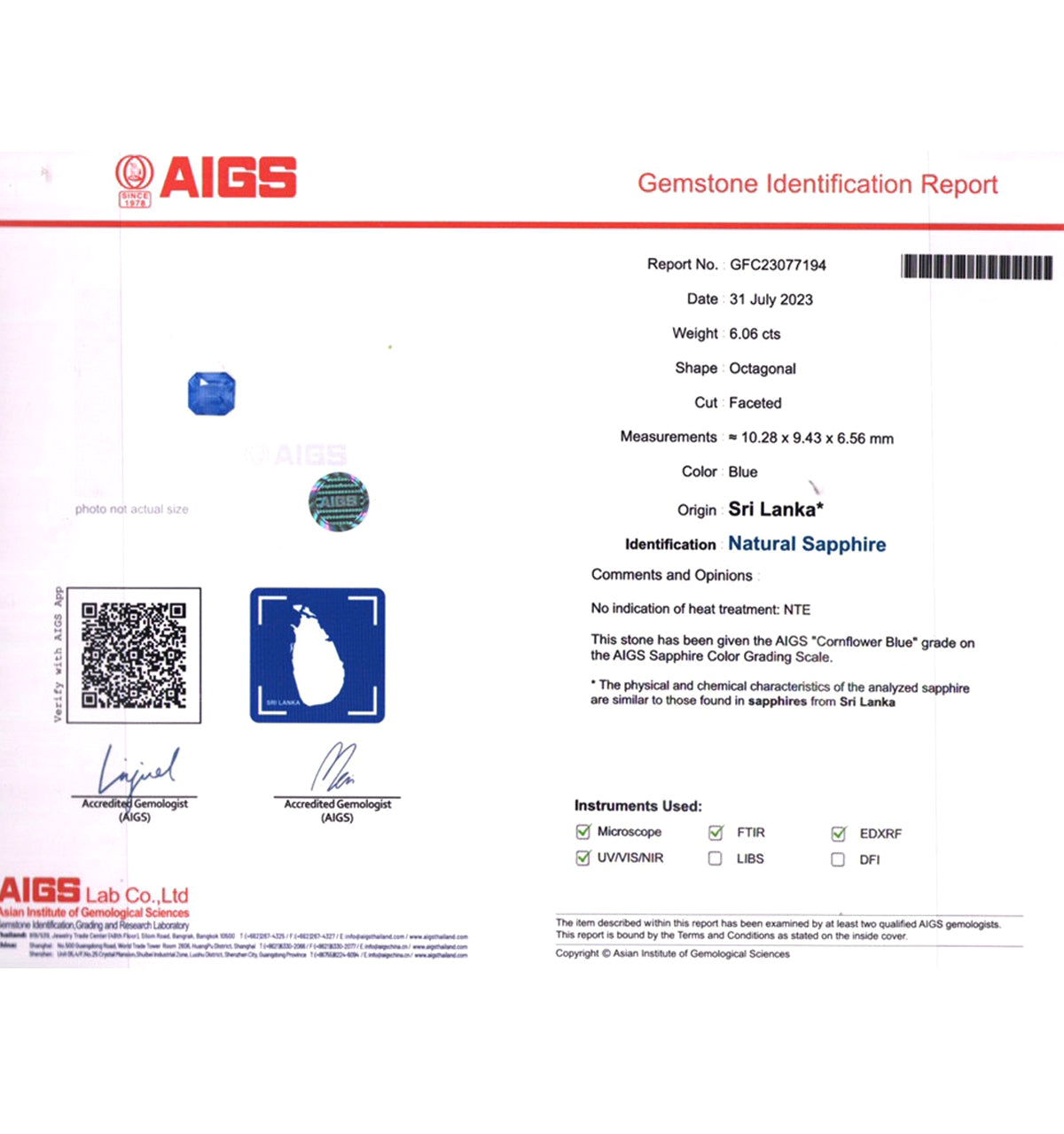AIGS Certified Cornflower Blue Sapphire - 6.06 carats - Octagonal - Unheated - Very Fine - 10.28 x 9.43 mm
