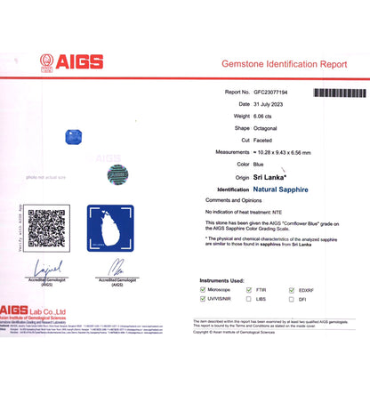 AIGS Certified Cornflower Blue Sapphire - 6.06 carats - Octagonal - Unheated - Very Fine - 10.28 x 9.43 mm