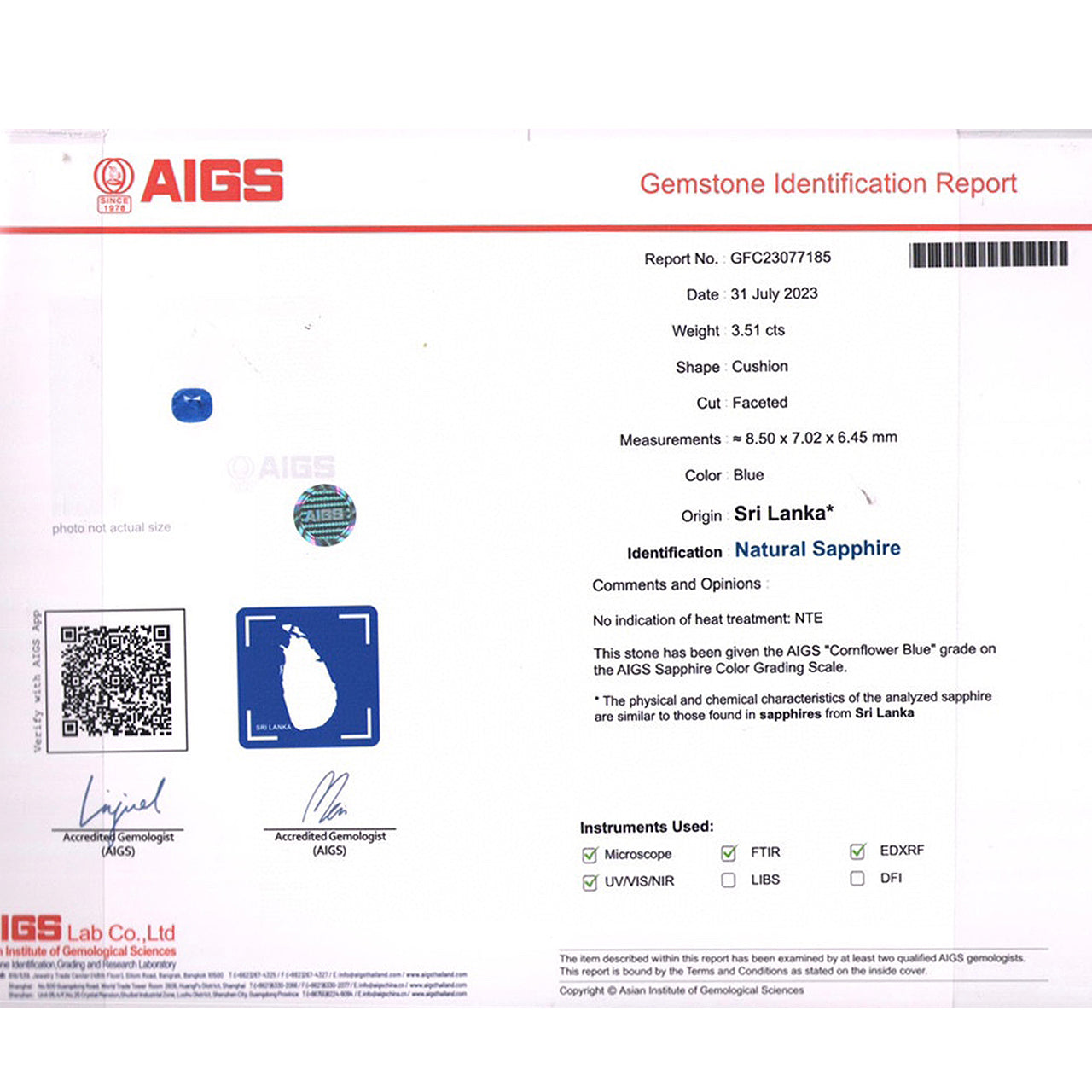 Genuine Unheated Cornflower Blue Sapphire - 3.51 carats - Cushion Shape - AIGS Certified - 8.50 x 7.02 mm