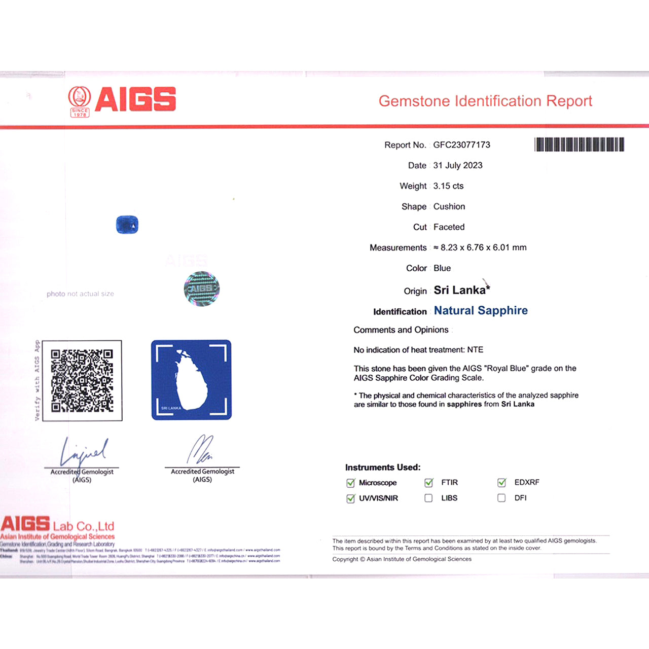 AIGS Certified Unheated Royal Blue Sapphire - Cushion Cut - 3.15 carats - 8.23 x 6.76mm - Truly Stunning