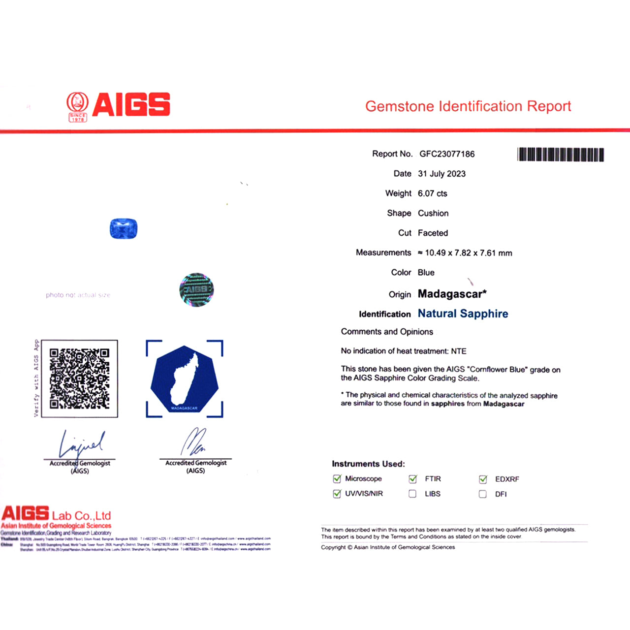 AIGS Certified Genuine Sapphire - 6.07 carats - Cornflower Blue - Cushion Cut - 10.49 x 7.82mm