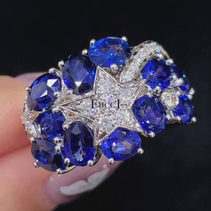 FIICCI Royal Blue Sapphire And Star Diamond Triple Cluster Ring In 18K White Gold