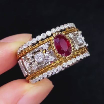 Vintage 18K Yellow White Gold Oval Ruby And Diamond Ring