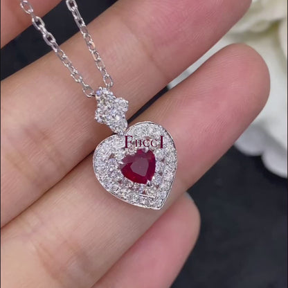 FIICCI Diamond And Heart Shape Ruby  In 18K White Gold Necklace