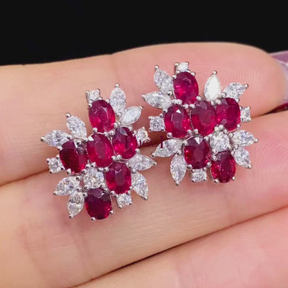 FIICCI Natural Diamond And Passion Ruby Earrings In 18K White Gold