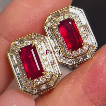 FIICCI Natural Diamond And Passion Ruby Earrings In 18K Yellow Gold