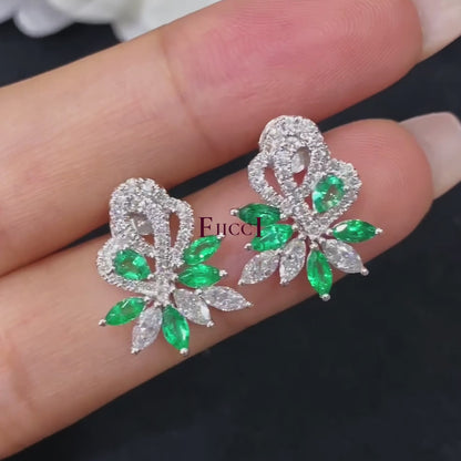 FIICCI Flower Natural Diamond And Emerald Stud Earrings In 18K White Gold