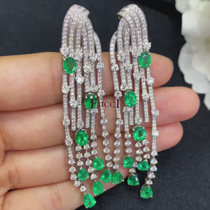 FIICCI Natural Diamond And Emerald Fringe Earrings In 18K White Gold