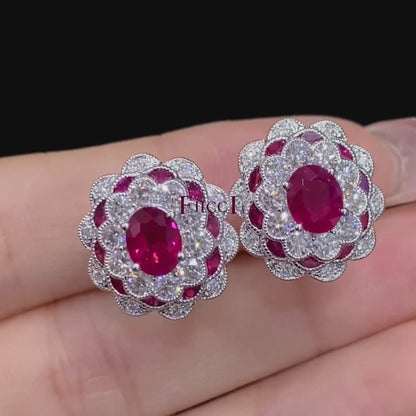 FIICCI Antique Natural Diamond And Ruby Earrings In 18K White Gold