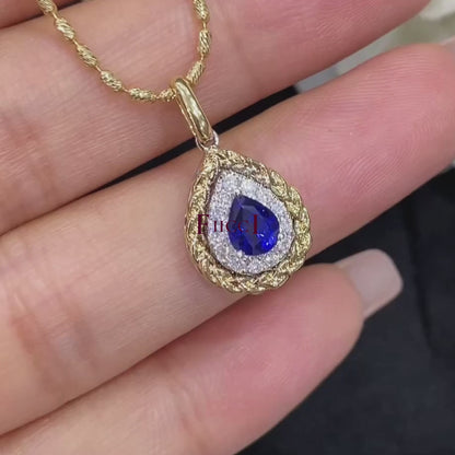 FIICCI Natural Diamond And Royal Blue Sapphire In 18K Yellow Gold Necklace