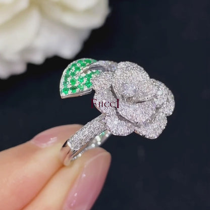 FIICCI Antique Rose Flower Diamond And Emerald In 18K White Gold Engagement Ring