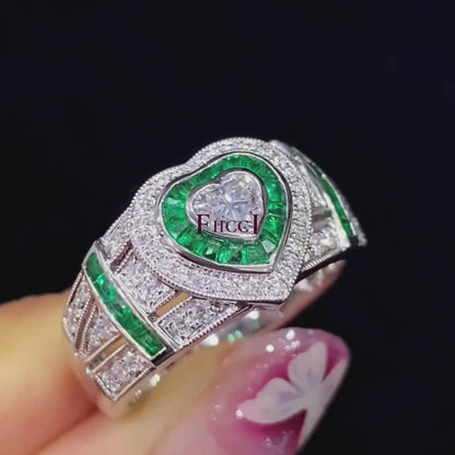 FIICCI Natural Heart Shape Diamond And Emerald In 18K White Gold Ring