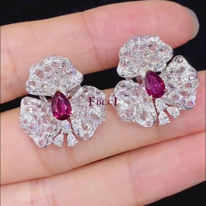 FIICCI Natural Diamond And Ruby Earrings In 18K White Gold