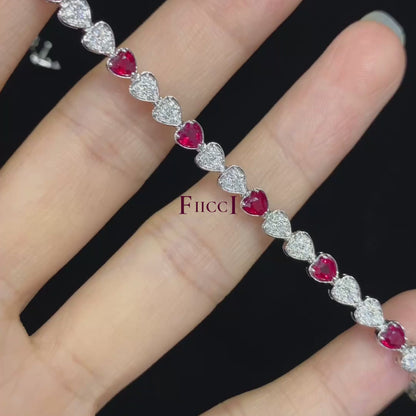 FIICCI Heart Shape Natural Ruby And Diamond In 18K White Gold Bracelate