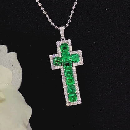 FIICCI Natural Diamond And Emerald In 18K White Gold Cross Necklace