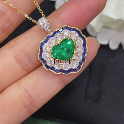 FIICCI Antique Natural Diamond And Heart Emerald In 18K Yellow Gold Necklace