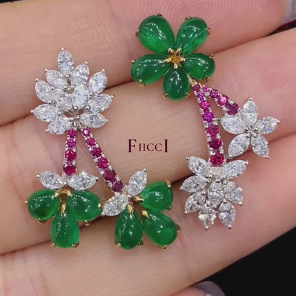 FIICCI Flower Natural Diamond And Emerald Ruby Earrings In 18K White Gold