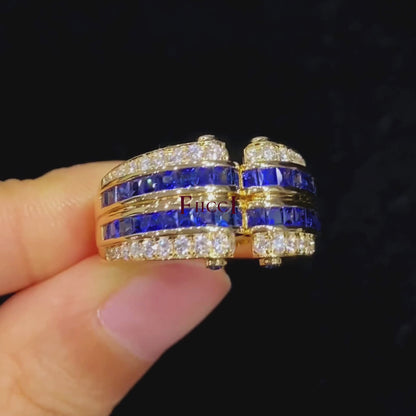 FIICCI Antique Princess Cut Royal Blue Sapphire And Diamond Ring In 18K Yellow Gold