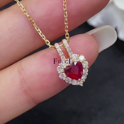 FIICCI Diamond And Heart Shape Ruby In 18K White Gold Necklace