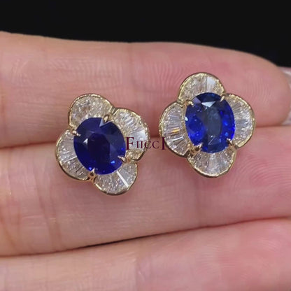 FIICCI Natural Diamond And Royal Blue Sapphire Earrings In 18K Yellow Gold