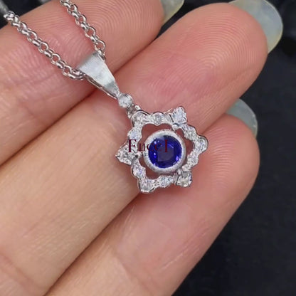 FIICCI  Diamond And Royal Blue Round Sapphire In 18K White Gold Necklace