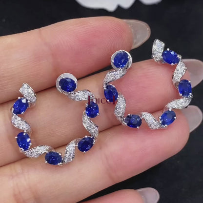 FIICCI Natural Diamond And Royal Blue Sapphire Circle Earrings In 18K White Gold