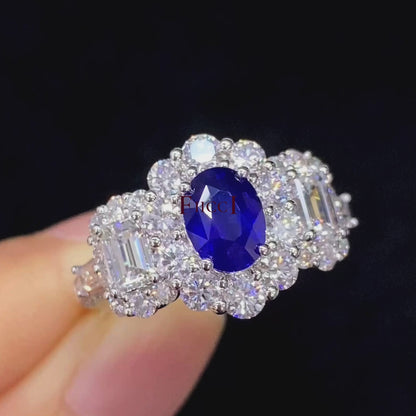 18K White Gold Royal Blue Sapphire And Diamond Ring