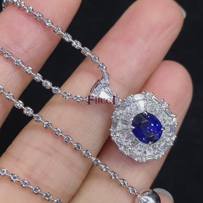 FIICCI Antique Diamond And Royal Blue Sapphire In 18K White Gold Necklace