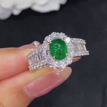 FIICCI Antique 18K White Gold Cabochon Emerald And Diamond Engagement Ring