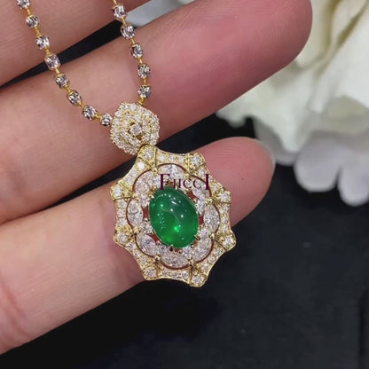 FIICCI Natural Diamond And Cabochon Emerald In 18K White Gold Necklace