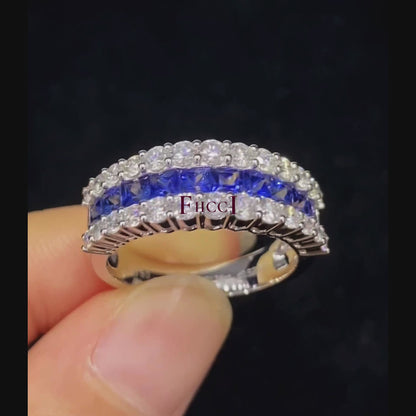 FIICCI Antique Princess Cut Royal Blue Sapphire And Diamond Wedding Band In 18K White Gold