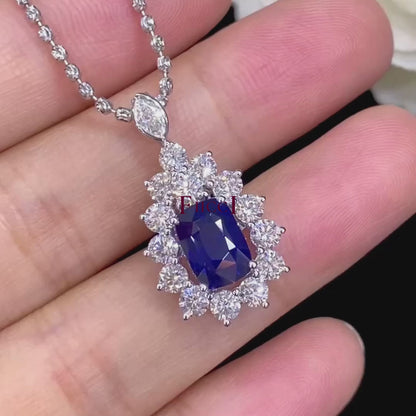 FIICCI Natural Diamond And Cushion Royal Blue Sapphire In 18K White Gold Necklace