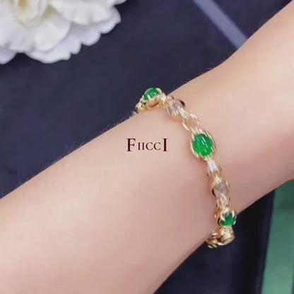 FIICCI Art Deco Cabochon Vivid Green Emerald And Diamond In 18K Yellow Gold Bracelate